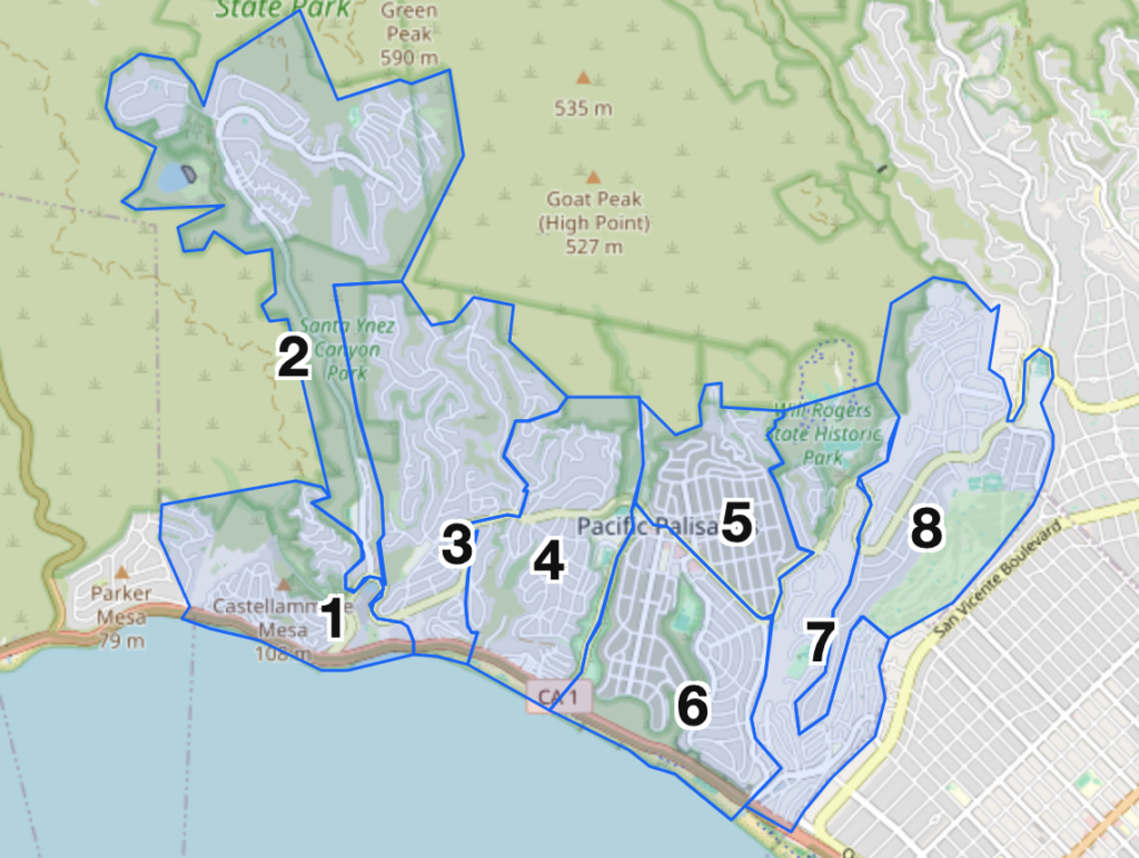 Map of Pacific Palisades showing different areas numbered from 1 to 8, indicating various neighborhoods and parks.