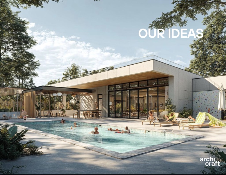 A modern community center with a swimming pool, surrounded by lush greenery, showcasing outdoor seating and children playing in the water.