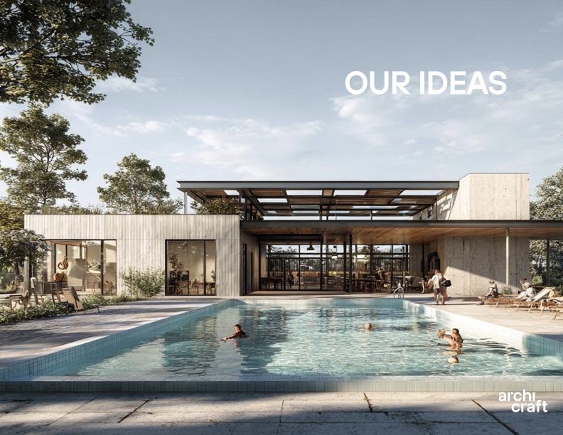 Render of a modern community center with a large swimming pool, surrounded by trees and outdoor seating areas. People are seen enjoying the pool and the space, embodying a welcoming atmosphere.