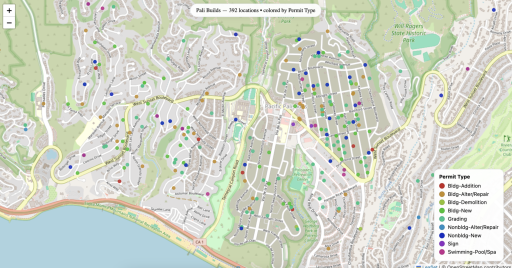 Map showing various locations in Pacific Palisades, California, with colored markers indicating different types of construction permits.