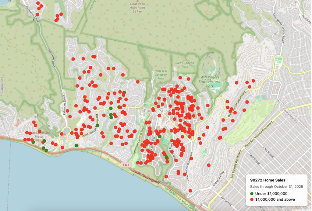 Map showing home sales in the 90272 area through October 31, 2025, with different colored markers indicating sales prices.