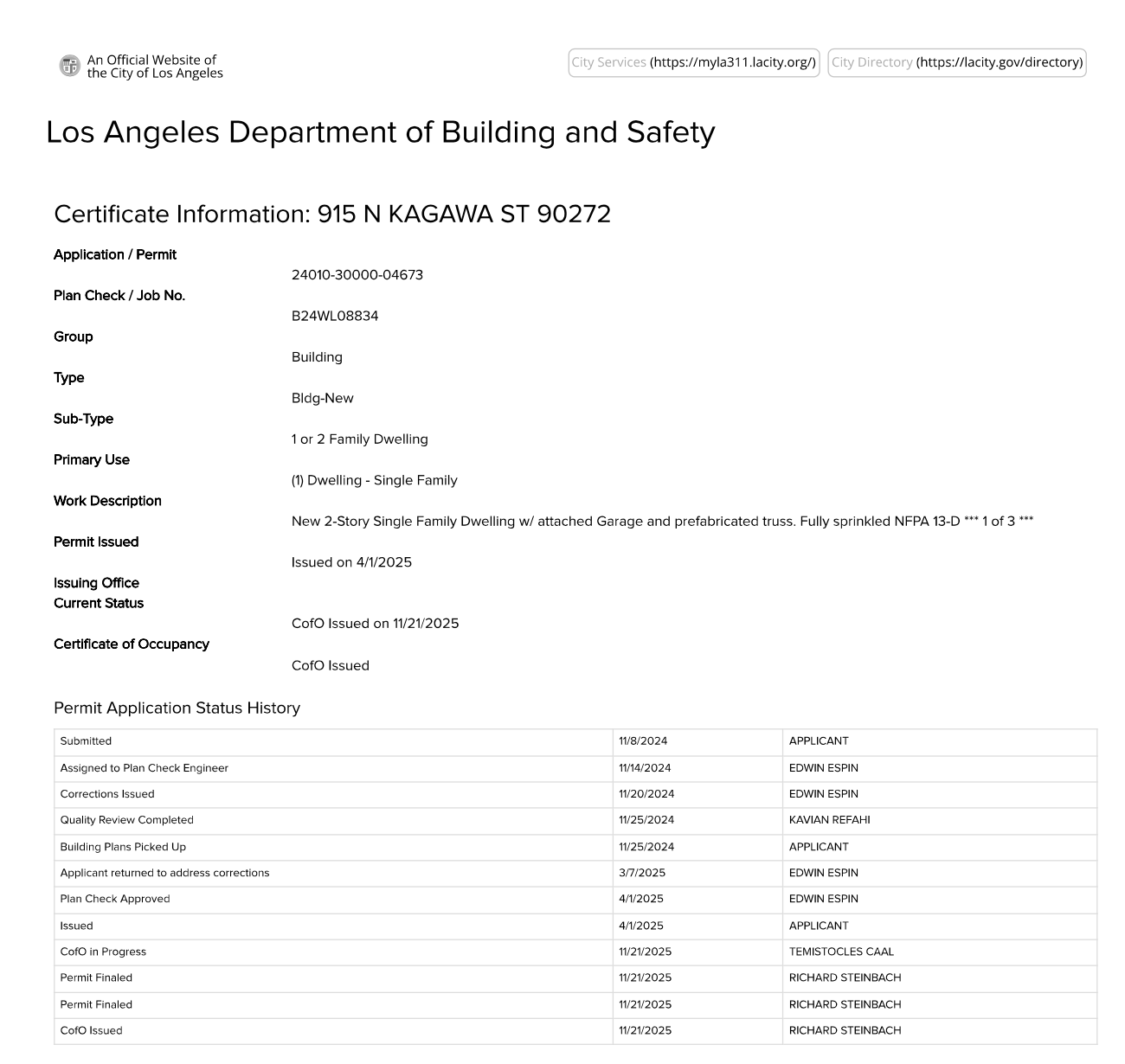 Certificate of occupancy document for 915 N Kagawa St, Los Angeles, issued by the Department of Building and Safety, detailing building permit information and application history.
