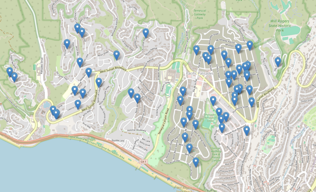 Map showing building permit locations in Pacific Palisades, with blue marker indicators for each permit.