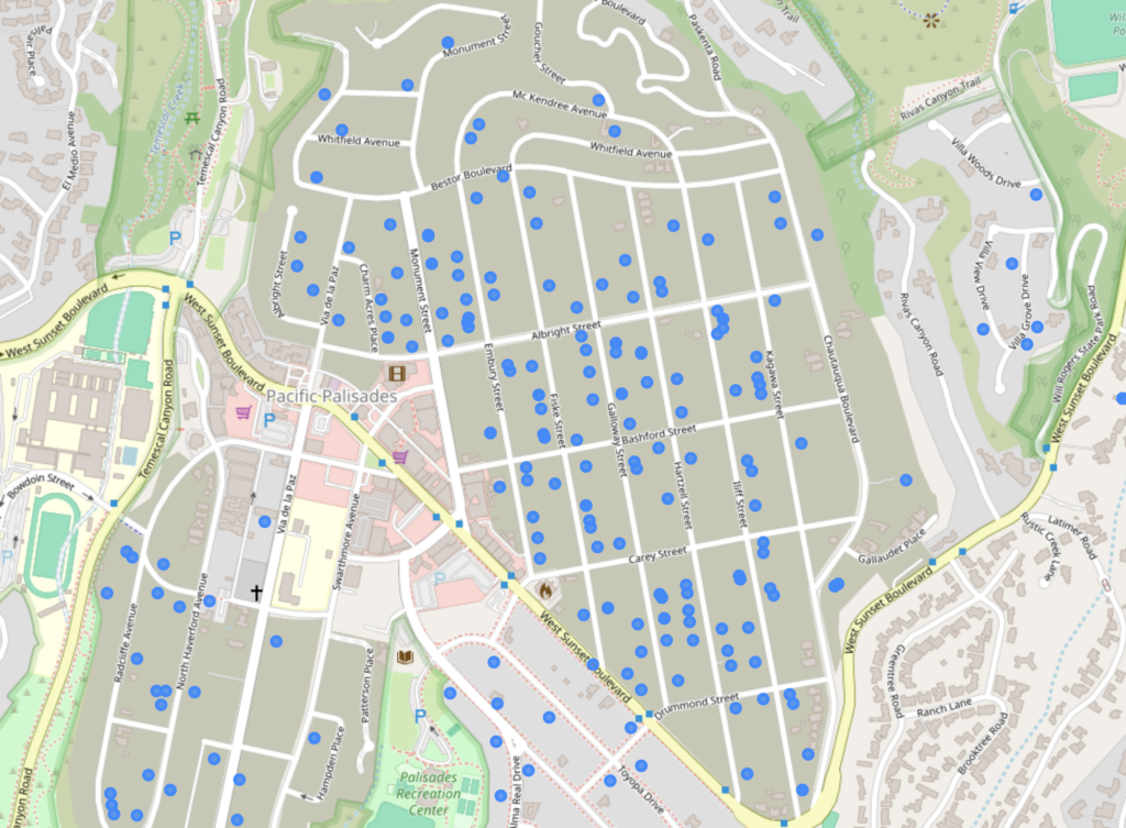 Map of Pacific Palisades, showing various streets with blue dots indicating locations of interest.
