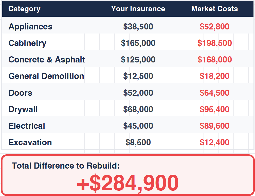 Comparison chart showing construction cost categories, including 'Appliances,' 'Cabinetry,' and 'Drywall,' with estimates from insurance and current market costs. Total difference to rebuild highlighted as +$284,900.