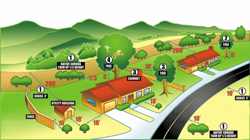 Illustration showing landscape maintenance guidelines with numbered trees, shrubs, fences, and utility buildings, indicating proper trimming heights and distances from structures for fire safety.