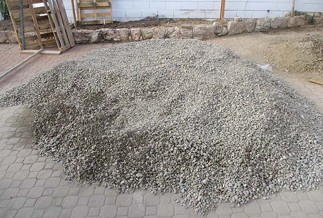 A large pile of 3/4" crushed gravel on a paved surface.